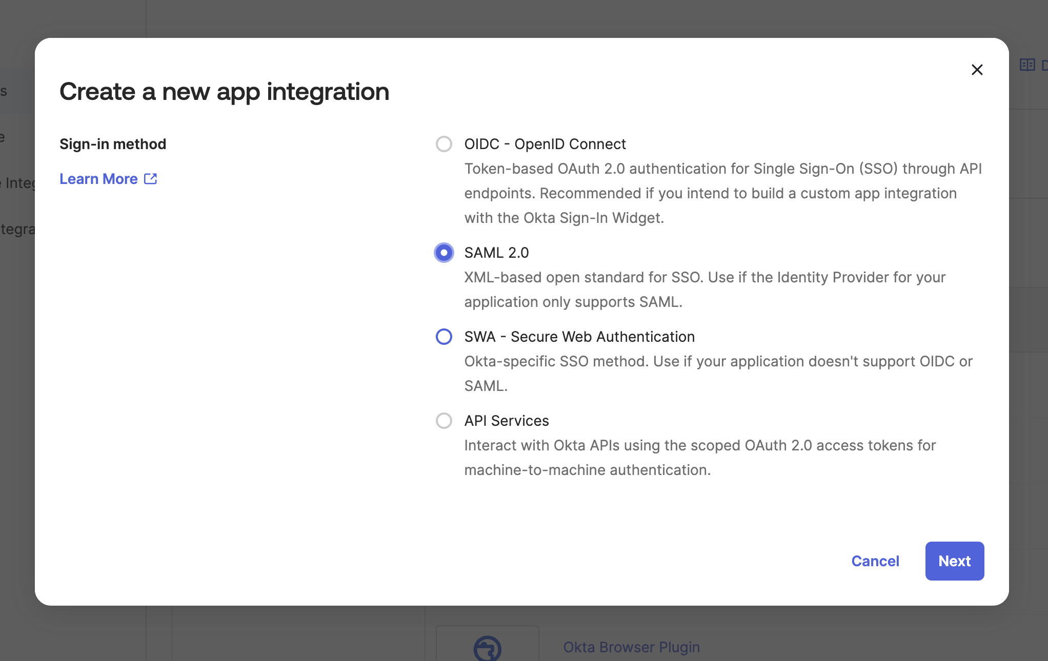 Select Sign In Method in Okta